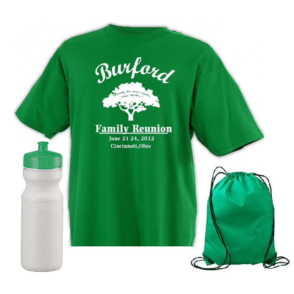 Family reunion t-shirt, drawstring backpack and water bottle combo set in green