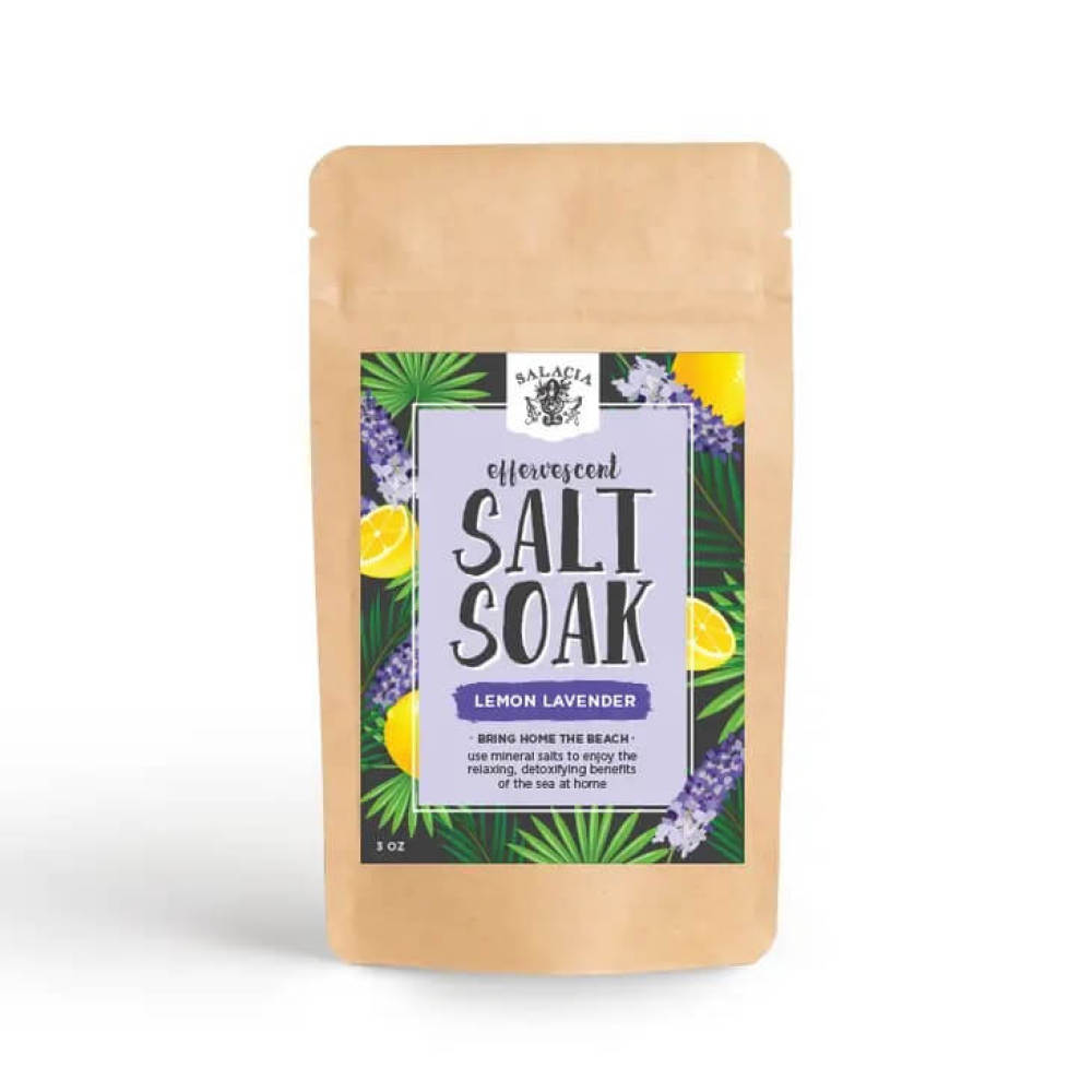 Lemon lavender bath crystals in a natural kraft pouch