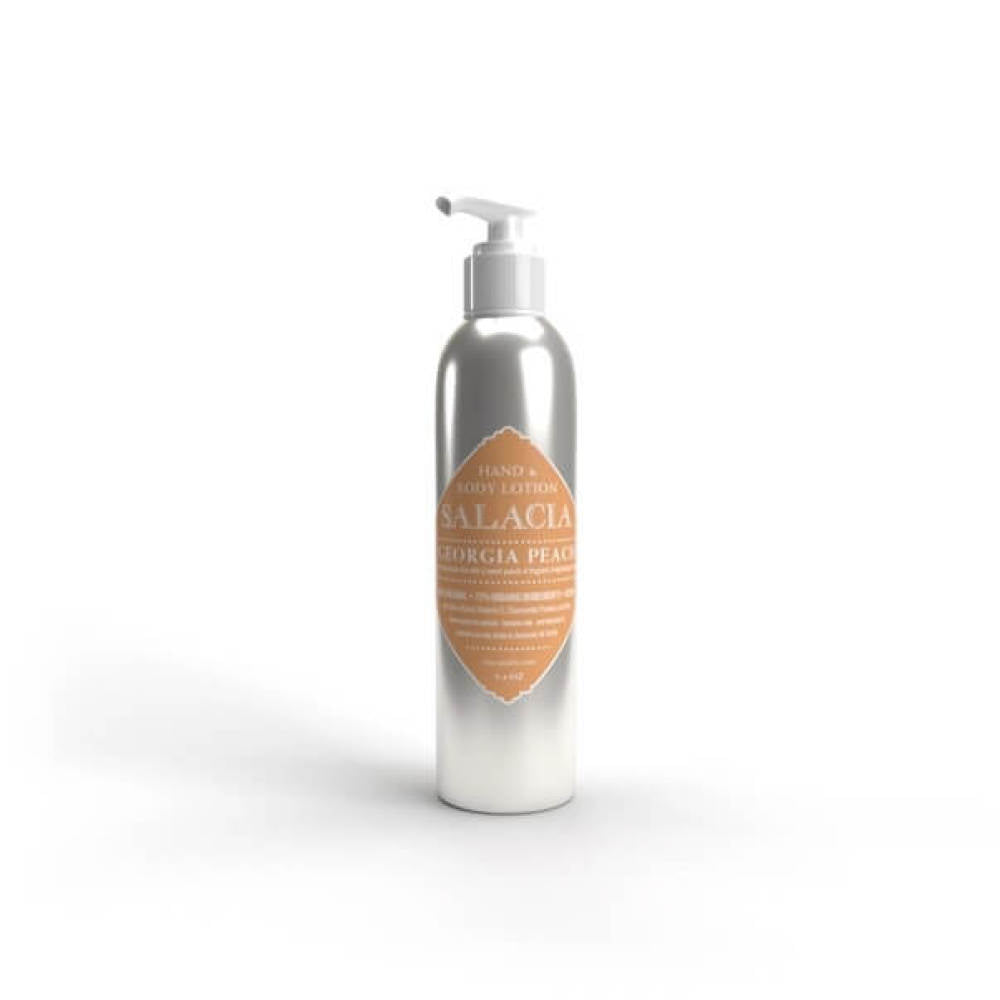 Aluminum pump bottle of body wash with Georgia peach scent.