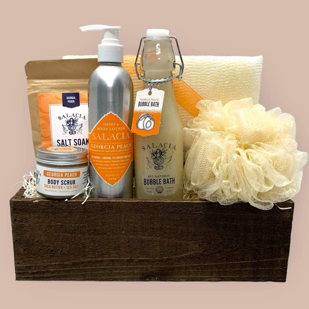 Wood crate gift basket with lotion, bubble bath, bath crystals, body scrub with Georgia Peach scent.