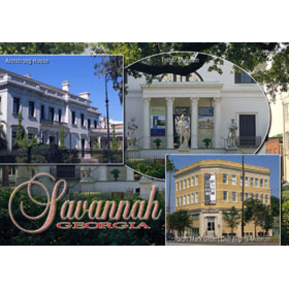 Savannah Postcard with graphics of Savannah landmarks