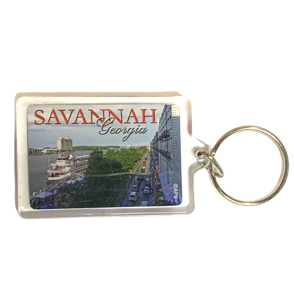 Savannah souvenir key chain features a riverboat on the Savannah River near River Street in Savannah Georgia