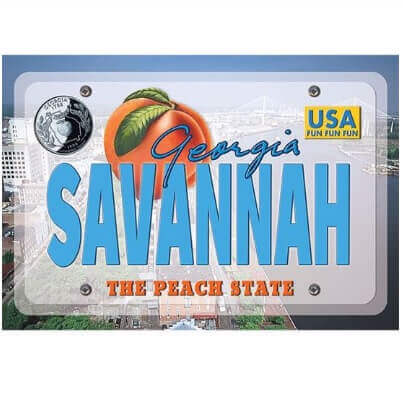 Georgia postcard resembles a license plate with peach and &