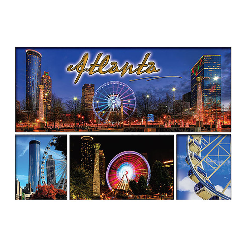 5x7 Atlanta postcard with four views of the Skyview Atlanta Ferris Wheel against the downtown Atlanta skyline