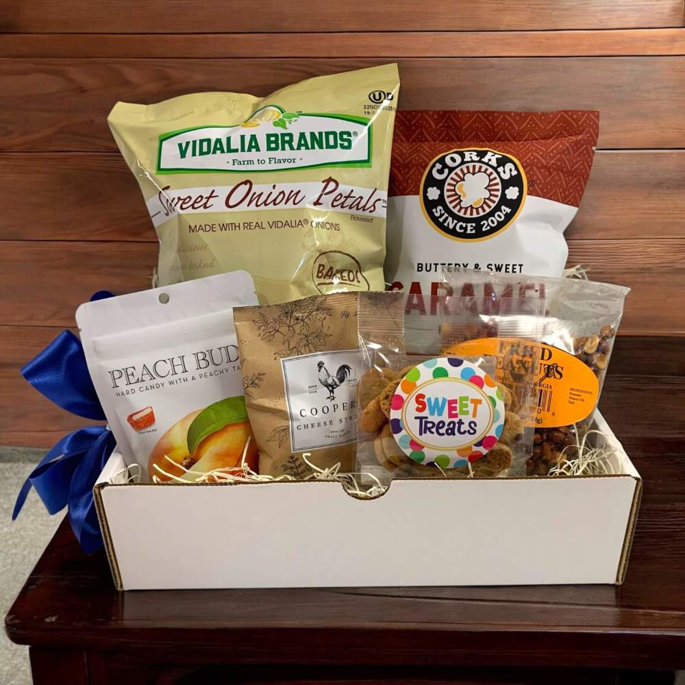 White gift box filled with Southern Snacks, Nuts, Sweets from Georgia