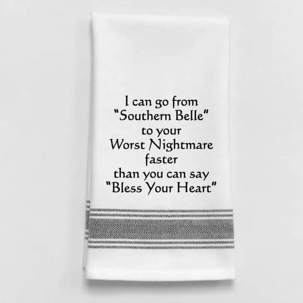 Fun white kitchen towel with black imprint and trim about a Southern belle.