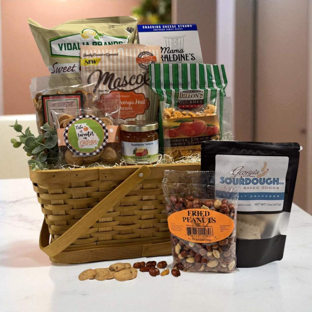 Southern Charm Georgia Gift Basket with cheese straws, peach preserves, cookies, popcorn and assorted Georgia snacks