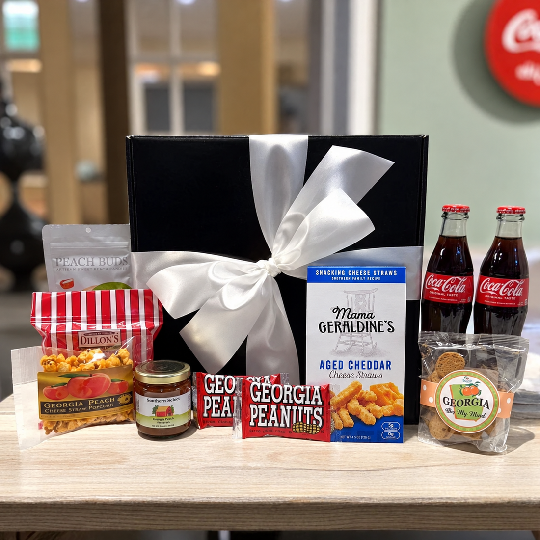 Georgia Gourmet Gift Box filled with peanut brittle, peach candy, Cokes, cookies and assorted Georgia snacks