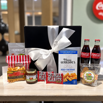 Georgia Gourmet Gift Box filled with peanut brittle, peach candy, Cokes, cookies and assorted Georgia snacks