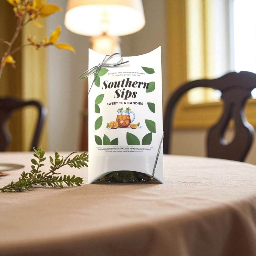 Sweet tea hard candies in a white gift box sitting on a kitchen table