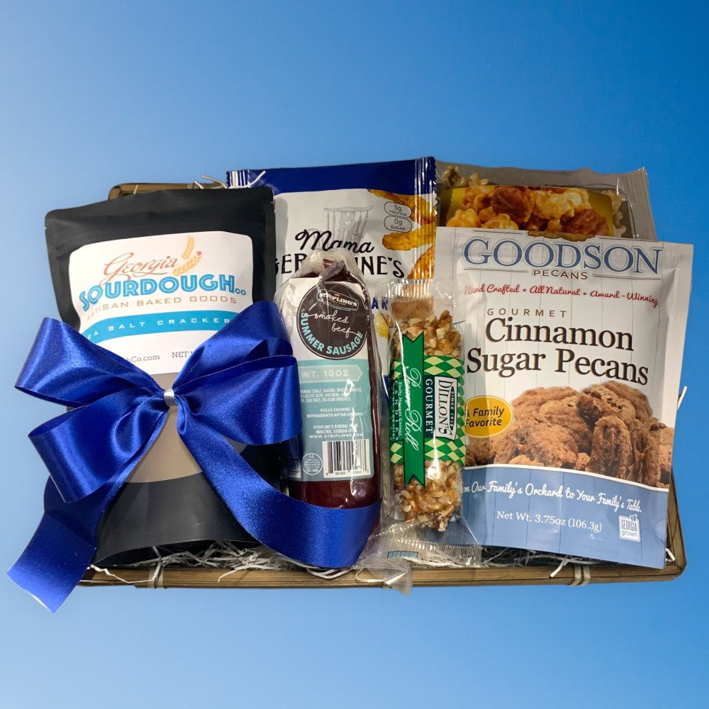 Georgia gift basket with summer sausage, crackers, nuts and assorted snacks