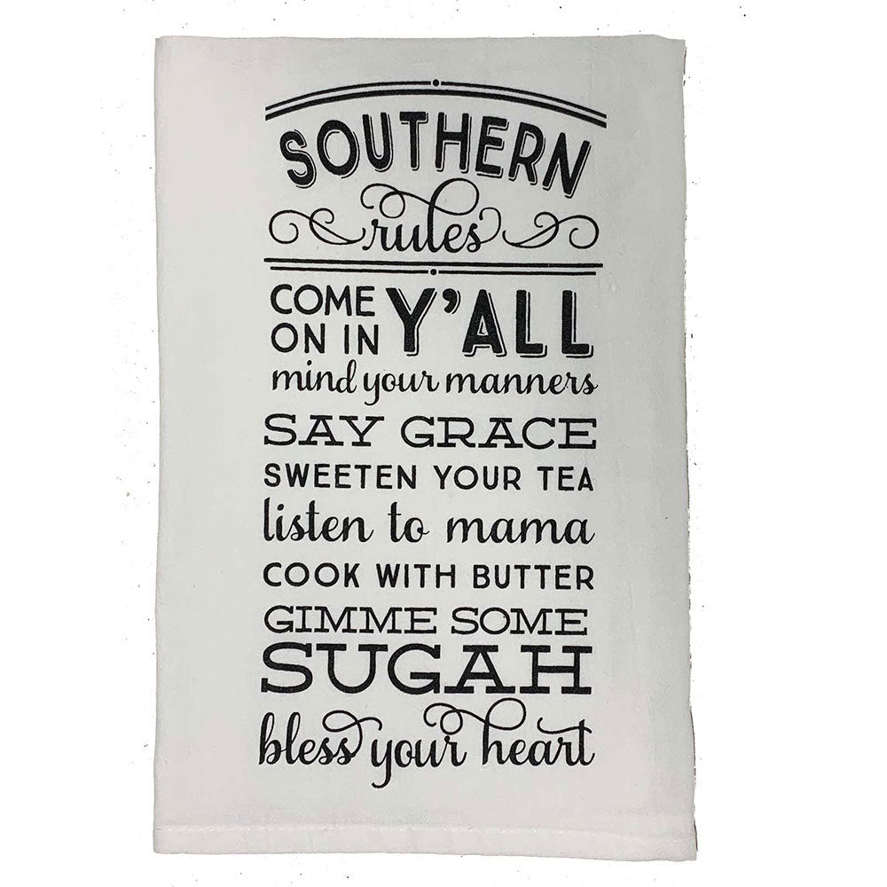 White flour sack towel printed with fun southern sayings and slogans like mind your manners
