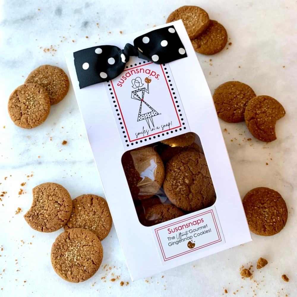 Susansnaps Gingersnap cookies in white bakery box with polka dot ribbon accent