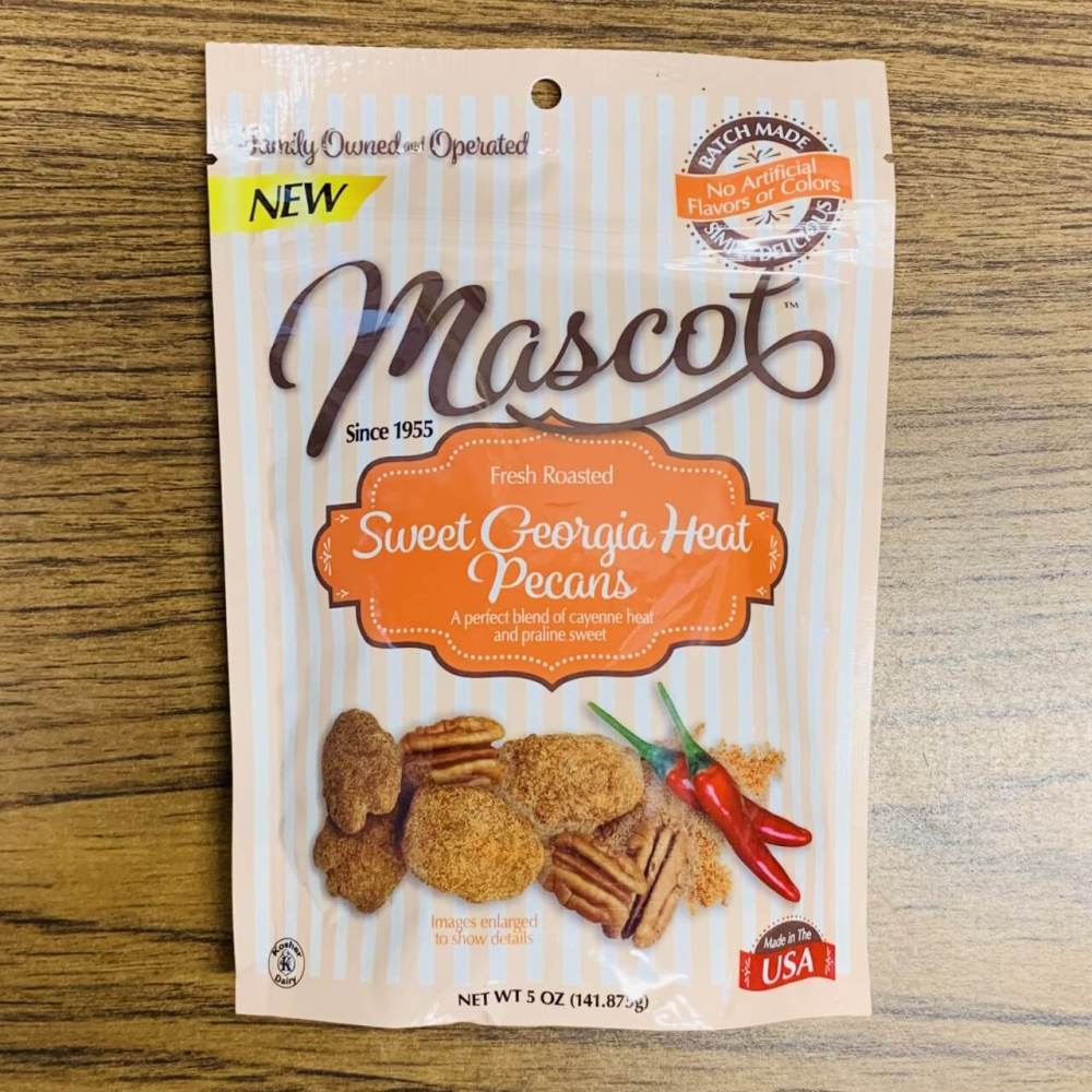 Sweet Heat Georgia Pecans in vintage striped resealable bag.
