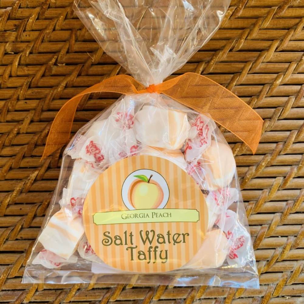 Georgia peach taffy in a small plastic bag