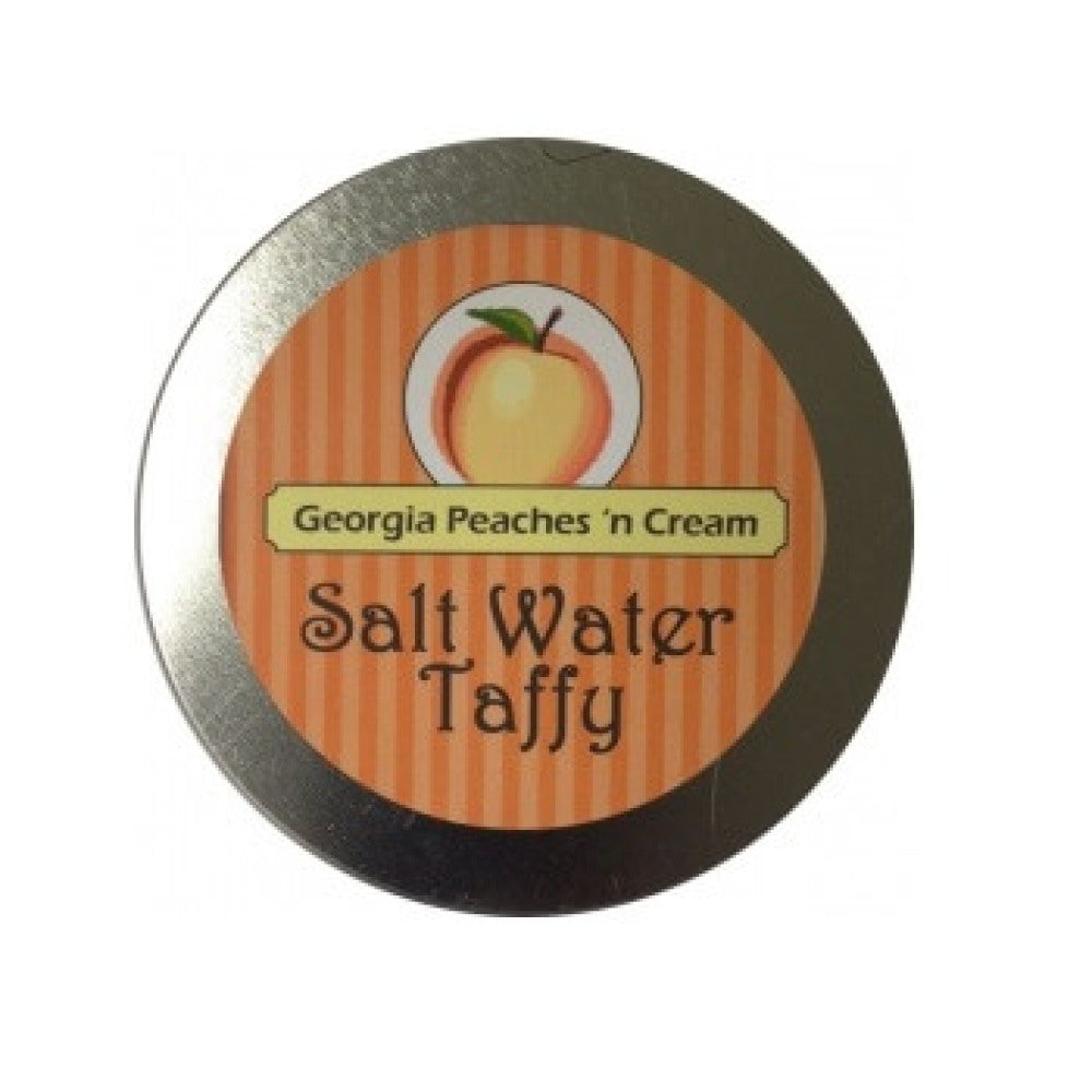 Round silver tin with peach striped label