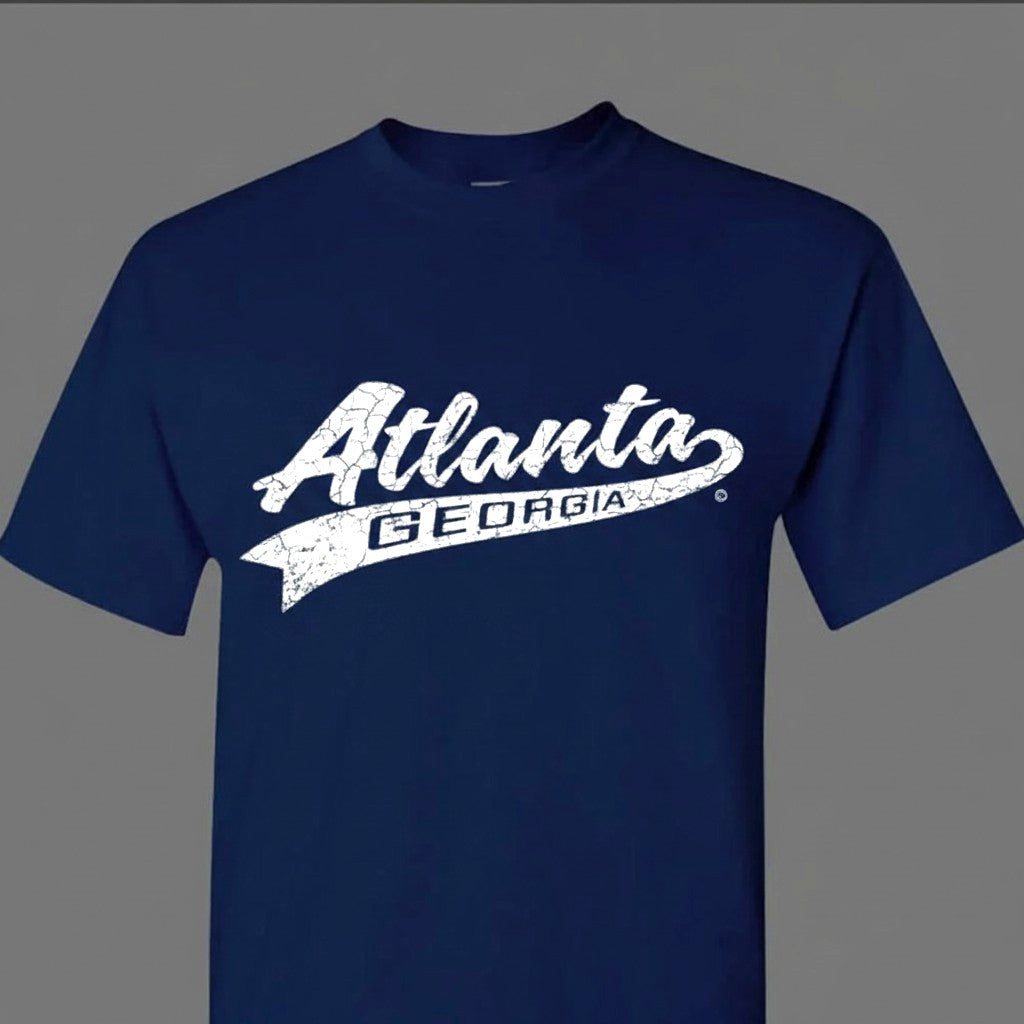 A navy blue short-sleeve t-shirt with a distressed white graphic on the chest reading &