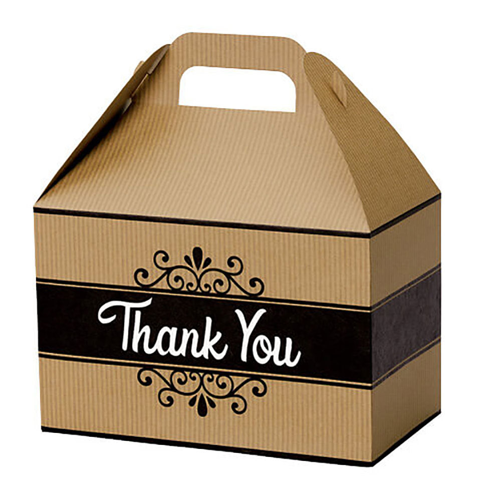 Kraft colored gable box with Thank You written across the black band around the gift box.