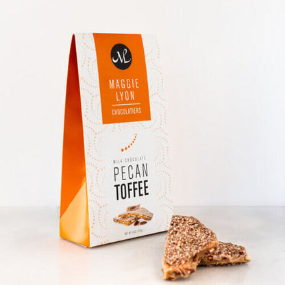Maggie Lyon Chocolatiers pecan toffee packaging on a white background