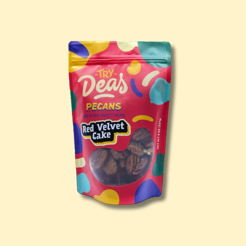 festive red bag of red velvet pecans