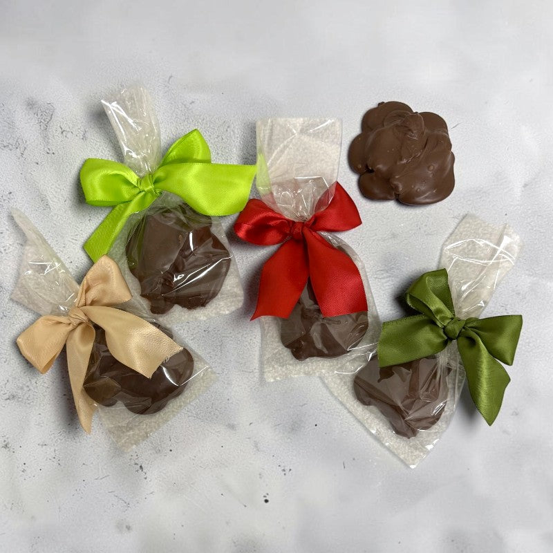 Four chocolate-covered handmade turtles wrapped in clear cellophane bags with satin ribbon bows in green, red, and beige, arranged on a light gray surface with one loose chocolate turtle above.