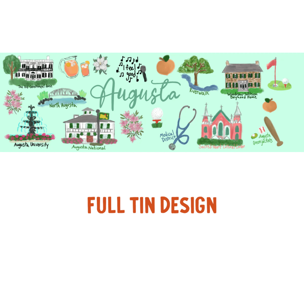 Illustrated design of Augusta landmarks and attractions on a light green background with &