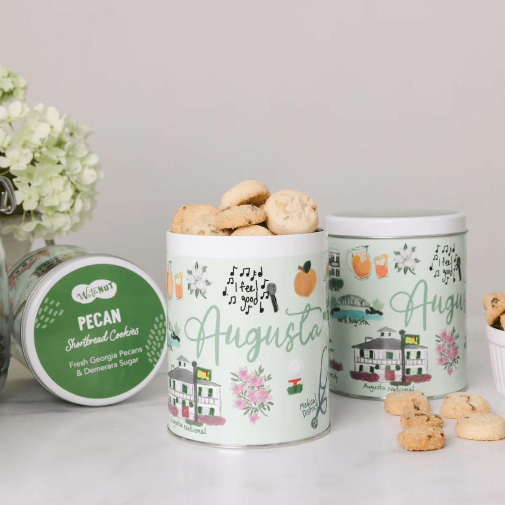 Round tin filled with Georgia pecan shortbread cookies features local Augusta landmark artwork
