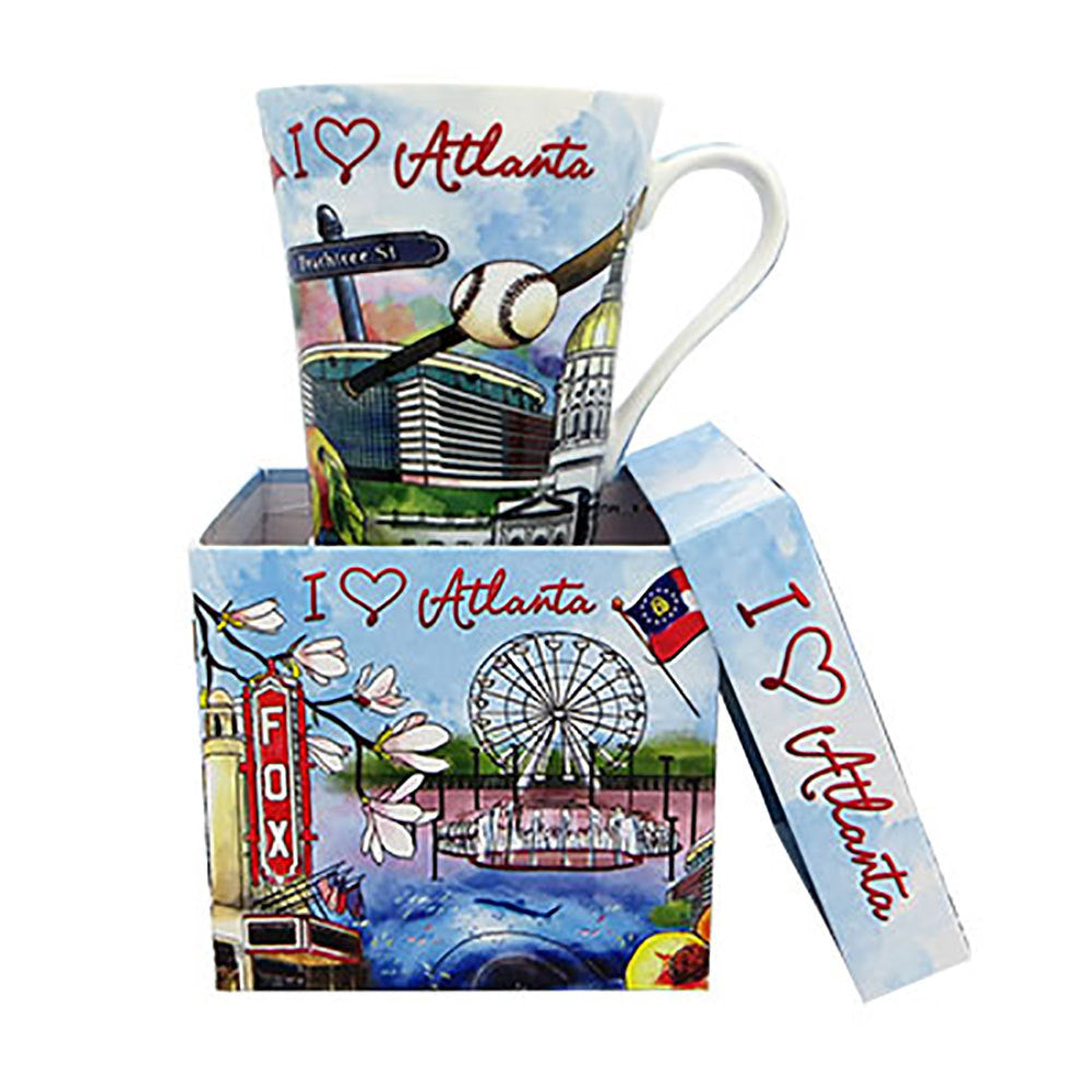 Light blue Atlanta mug with collage of Atlanta landmarks including Fox Theatre, state capitol, Skyview Atlanta Ferris Wheel and other landmarks with matching gift box