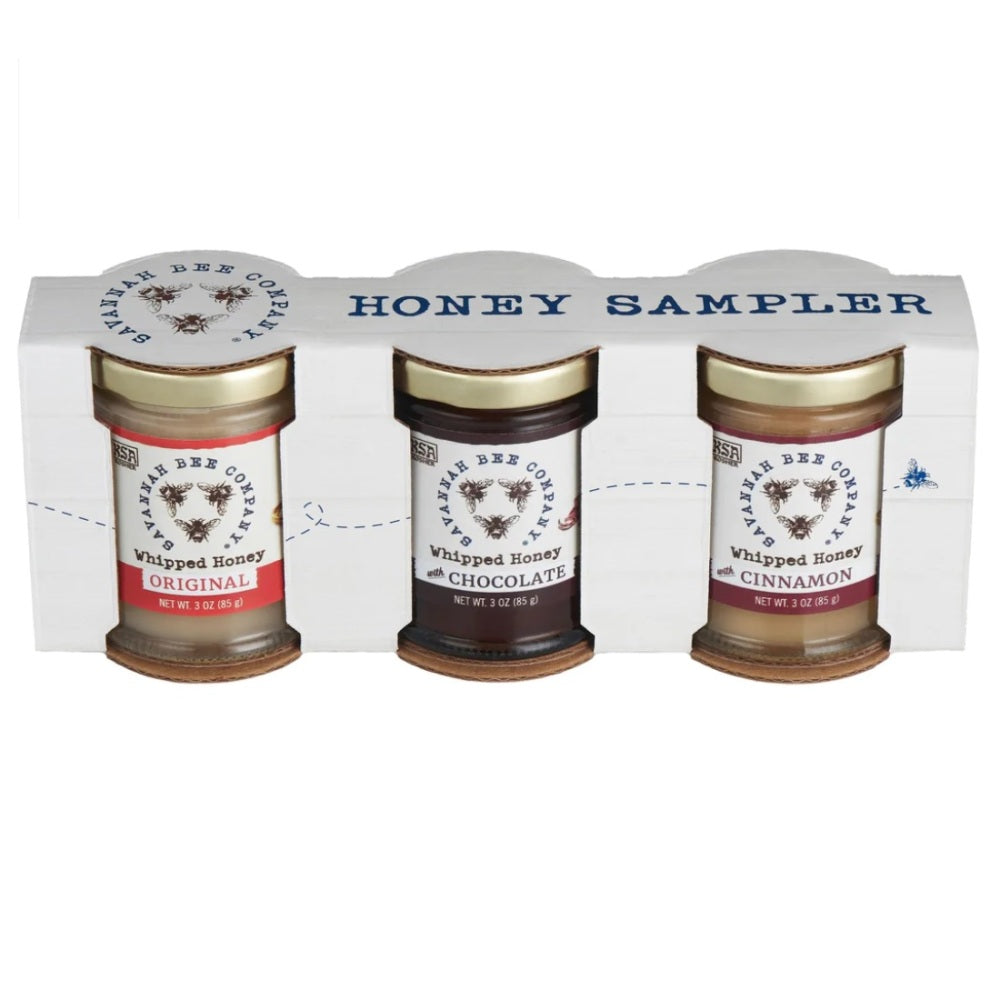 Boxed set with three jars of whipped honey from Savannah Bee in original, cinnamon and chocolate flavors