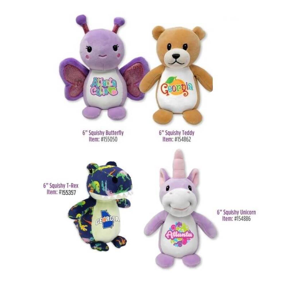 Souvenir stuffed Animals for Atlanta and Georgia includes bear, t-rex, butterfly and unicorn